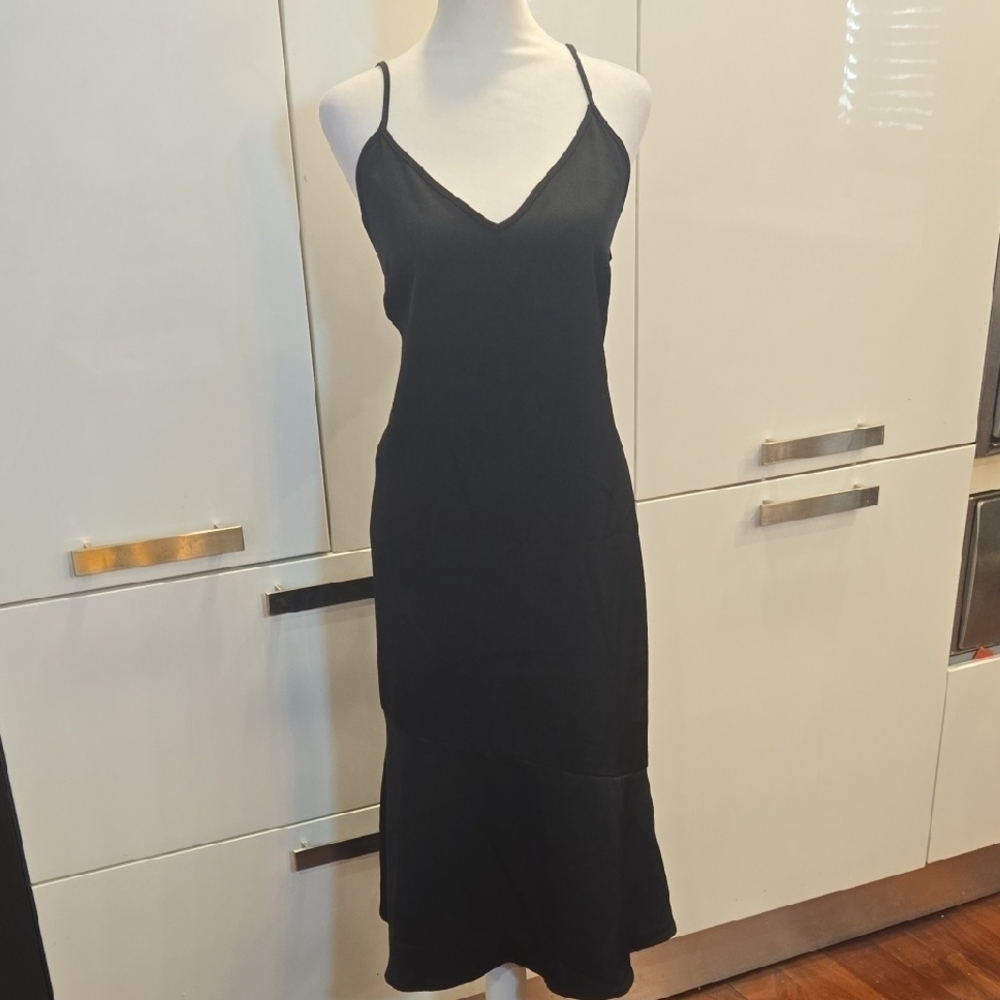 Sam Edelman Spagetti Strap Ruffle Black Midi Slip Dress Size 8